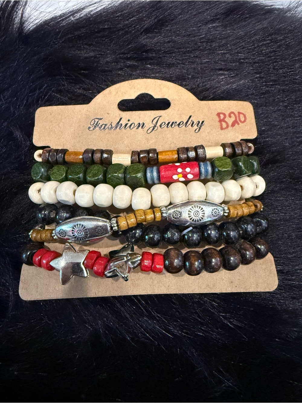 Boho Mixed Bead Stretch Bracelet Set — Green, Cream, Brown, Red, Black